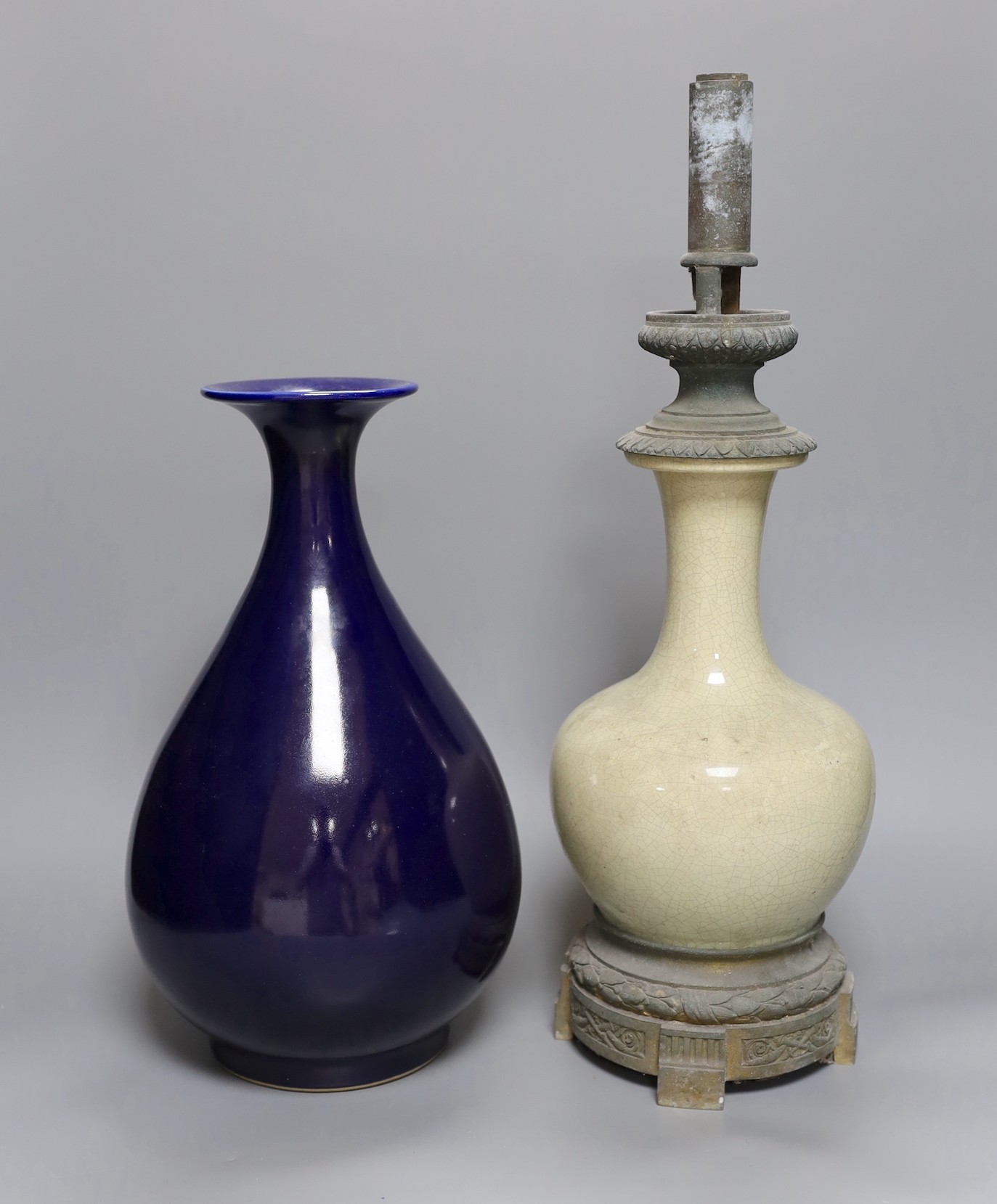 A Chinese blue glazed vase, Yongzheng mark to base but later and a Chinese crackle glazed vase converted to a lamp, total height 47cm